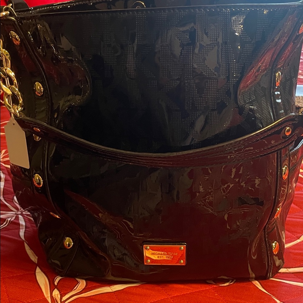 Michael Kors Glossy Black Shoulder Bag with Gold Accents